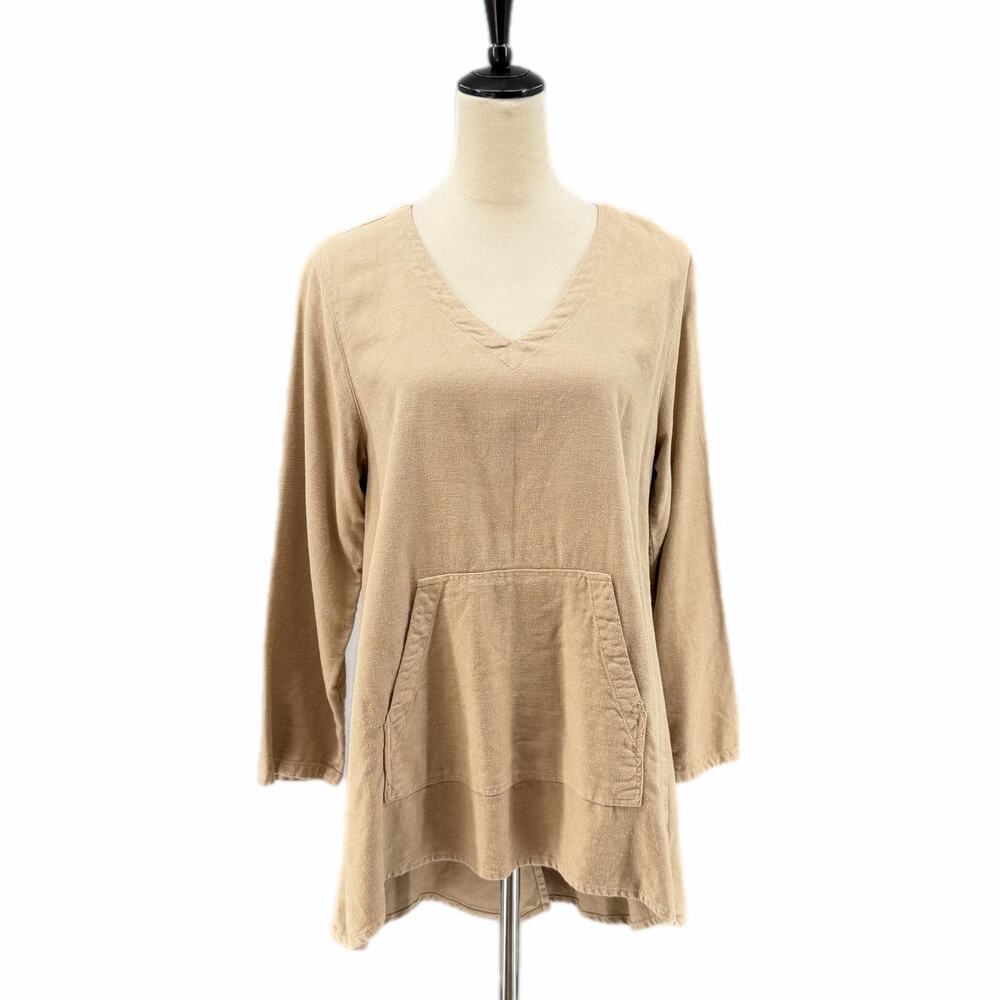 Kleen Tan Linen Blend Long Sleeve V-Neck Oversized Lagenlook Coastal Tunic Top